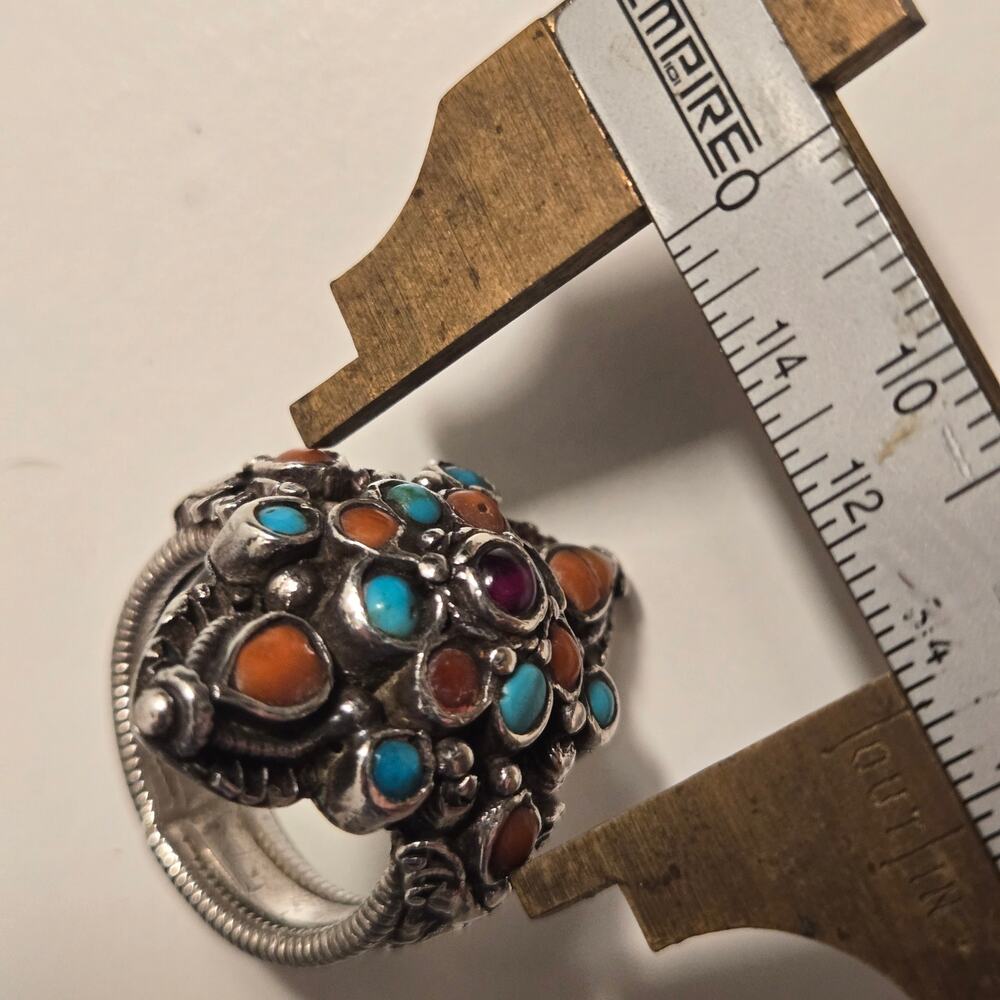 Vintage 70's 80's Boho Eclectic Global Tribal Multi-Color Shield Silver Ring, 7 - Picture 11 of 12